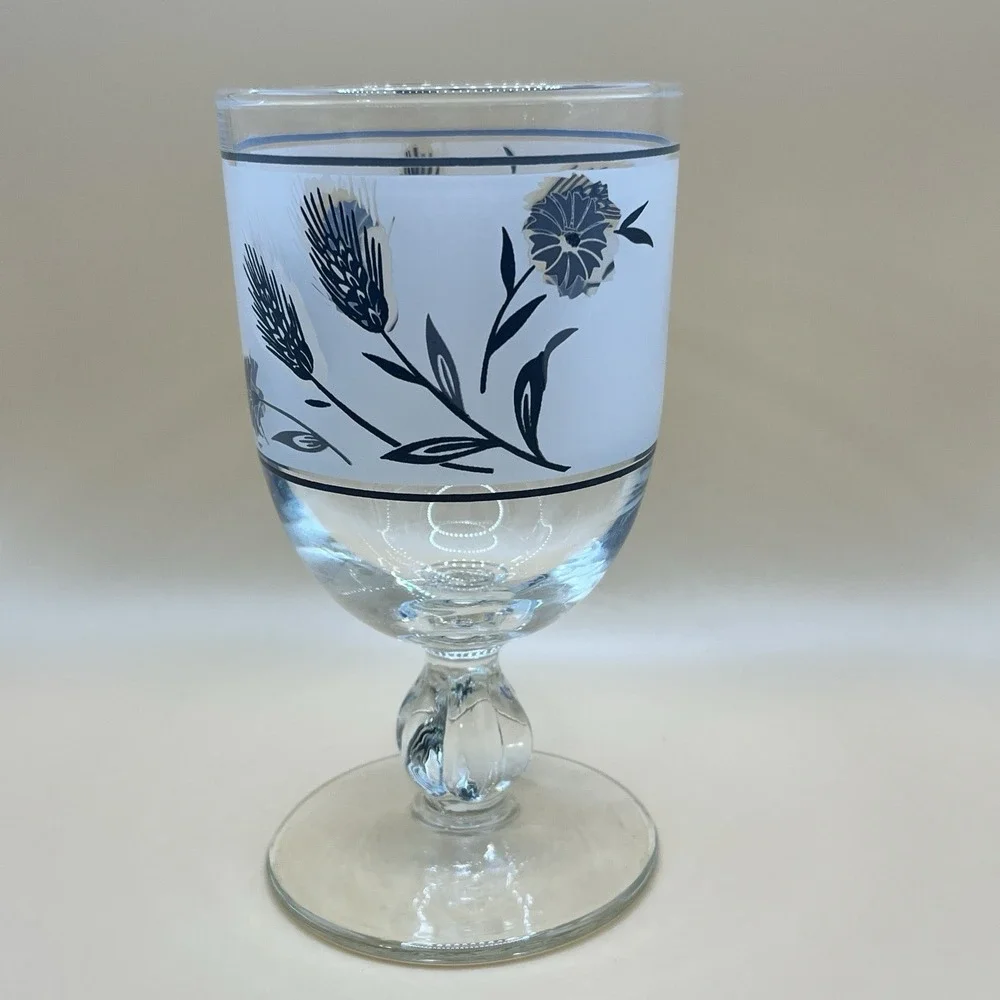 Vtg Libbey‎ Frosted Silver Wheat Wild Flower Goblet Replacement Glass-5.75